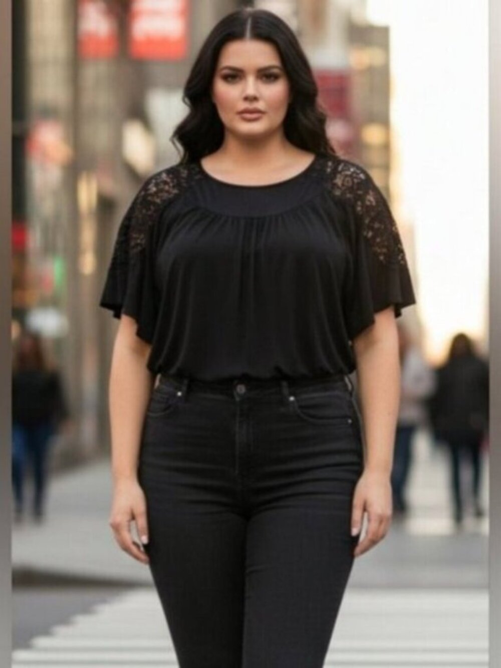 Lane Bryant SZ 28 Black Short Bat  Sleeve Crochet Detail Round Neck Top